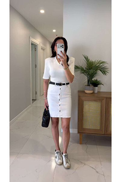 BİRCANÇİL Fusta albă Yubsa cu nasturi în față