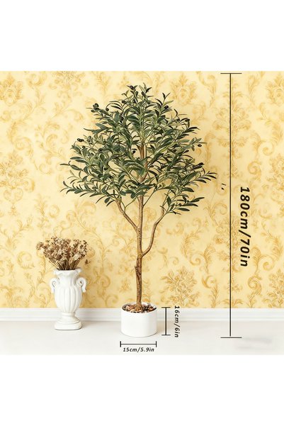 BESTONE Realistic Faux Olive Tree with Natural Trunk & Fruits, Elegant White Pot, Modern Home Office Plant