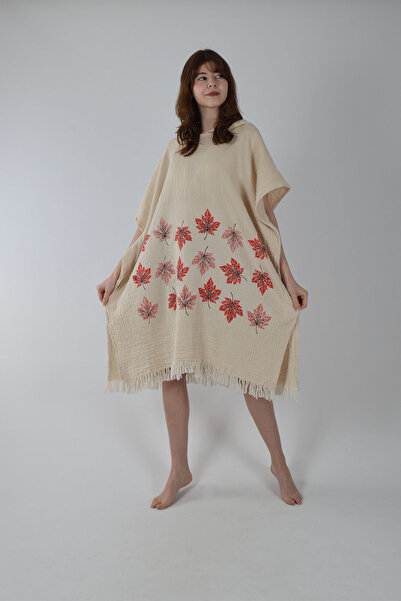 REİNA TEKS Poncho Muslin Pachet de bumbac cu model de frunze roșii Îmbrăcămin...