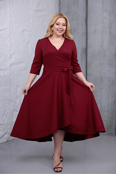 MAG FASHİON Plus Size Burgundy Black Asymmetrical Cut Short Front Long Back D...