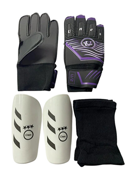 unes قفازات حارس المرمى باللون الأرجواني + مجموعة واقي الساق الأبيض لكرة القدم