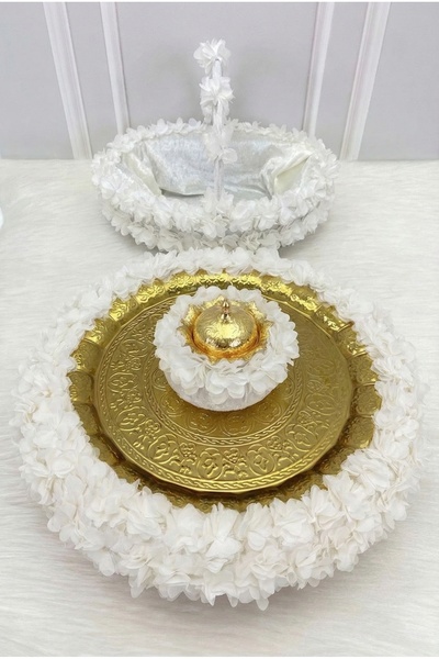 ZEYMERADE صينية نحاسية بيضاء مزينة بالزهور، مخمل صينية هينا جيتسو للعروس، منا...