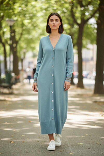 moda dıcasso Long Dress with Buttoned Sleeves and Detailed Lines