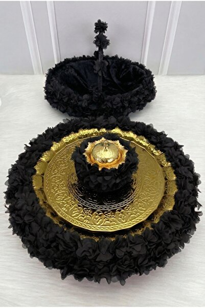 ZEYMERADE Black Floral Copper Tray Velvet Henna Night Tray Basket Bridal Set,...