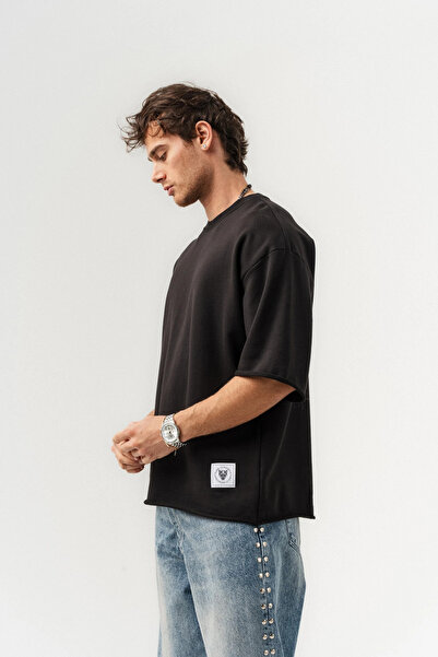 go gang own Unfinished Basic Crew Neck Stitch-Free Sleeve Detail Oversized T-...