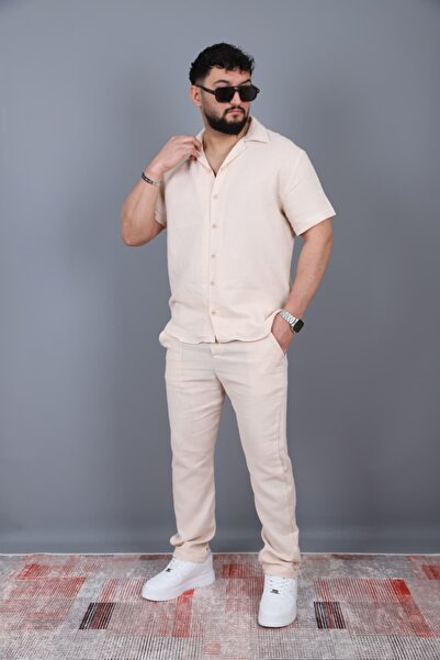 L-KOM Set cămașă și pantaloni din muselină cu mânecă scurtă pentru bărbați, b...