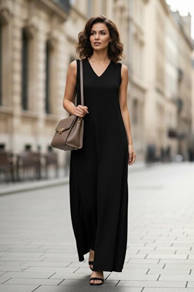 Mossta Basic Design Sleeveless Long Dress - Black