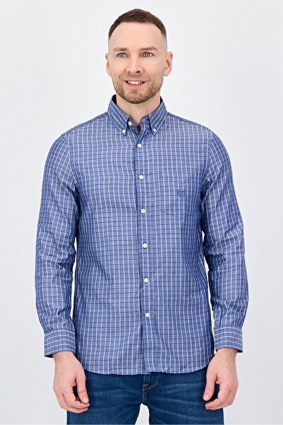 Chaps Men Performance Fit Embroidered Logo Long Sleeve Casual Shirt, Blue