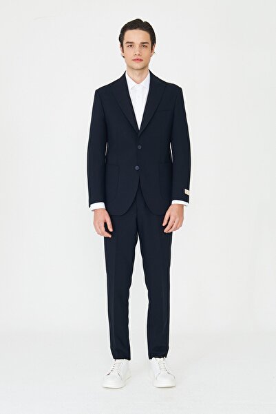 White Stone بدلة كلاسيكية من القماش المسطح باللون الأزرق الداكن موديل قصة ضيقة