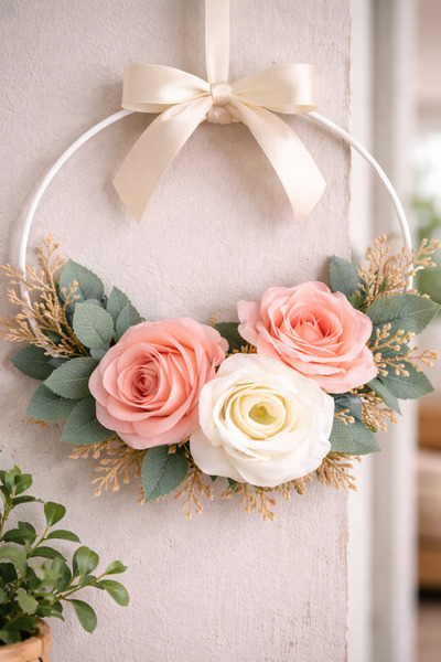 ecrella Beyaz Metal Halkalı Kapı Süsü – Pudra Pembe & Beyaz Güllü Dekoratif K...