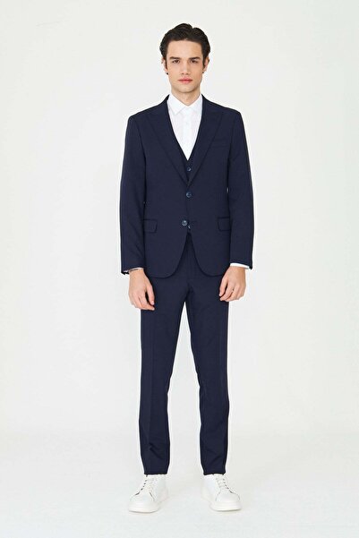 White Stone Navy Blue Classic Collar Modern Slim Fit Vest Set Suit