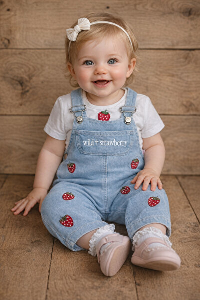 EYMİRGİYİM Kısa Kollu Çilek Nakışlı Salopet Kız Bebek Çocuk 2'li Takım 6-9 Ay...