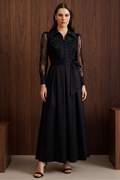 Nefeli Kolları Dantelli İşleme Detaylı Tafta Elbise SİYAH