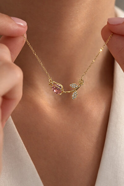 lunesa Zirkon Taşlı Lale Figürlü Paslanmaz Çelik Kadın Kolye - Kararma Yapmaz...