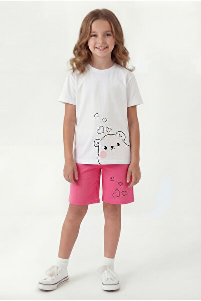 YA KO KİDS Round Neck Summer Print Detailed Capri Girls' Top and Bottom Set