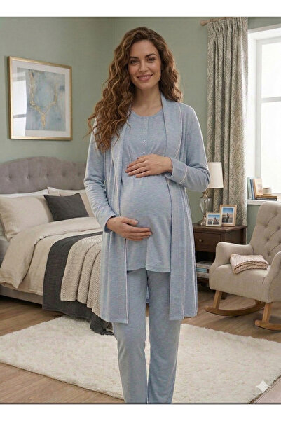 pelinn Women's Blue Short Sleeve Maternity 3-Piece Pajama Set