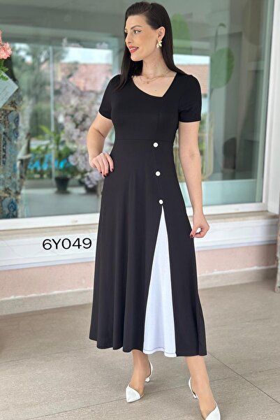 İnce Topuk Düğme Detay Örme Viskon Elbise 6y049