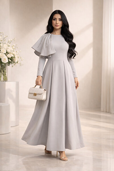 Abad فستان تركي رمادي طويل بقصة مطرزة على الكتف