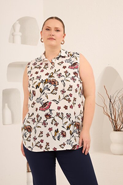 RMG Zero Sleeve Patterned Plus Size Blouse Ecru