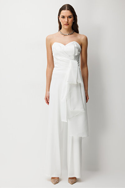 Nefeli Straplez Dramatik Fiyonk Detaylı Tulum EKRU