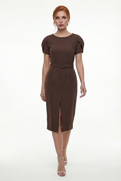 Lafaba Women's Brown Crew Neck Belt Piece Midi Event Dress