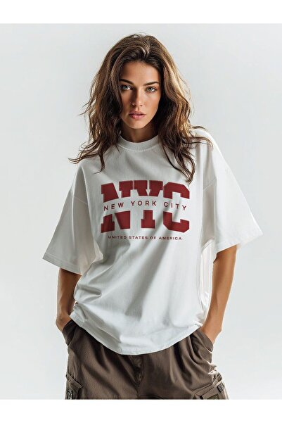 trendgar Beyaz NYC Baskılı Oversize T-shirt