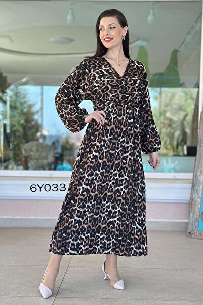 İnce Topuk Double-Breasted Collar and Sleeve Elastic Dress 6Y033