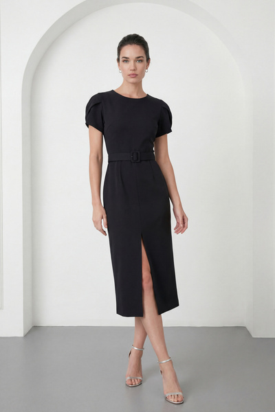 Lafaba Women's Black Crew Neck Midi Dress with Belt Sleeves