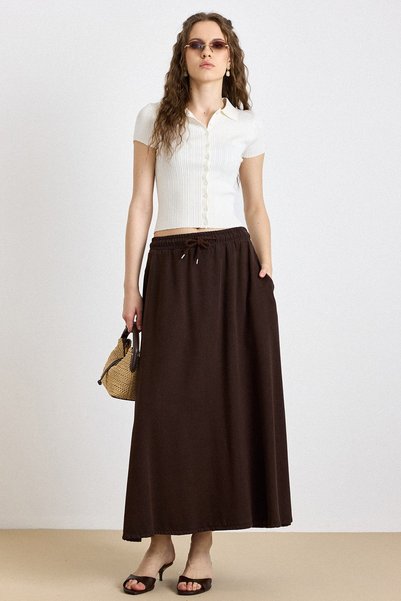 Olcay Elastic Waist Soft Denim Skirt Brown 7068