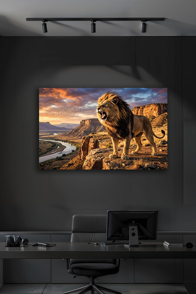 B&G DESIGN Pictură decorativă modernă pe sticlă cu peisaj de leu urlător