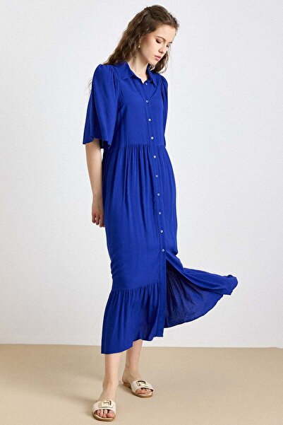 Olcay Ruched Detail Half Sleeve Soft Dress Cobalt 9418-E