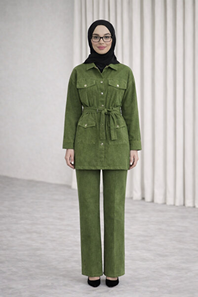 Tesettür Diyarı Γυναικείο Τζιν Σετ Χιτζάμπ με Ζώνη - Πράσινο