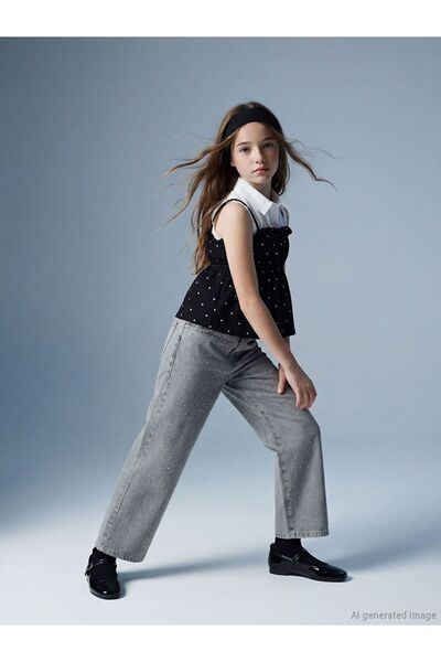 LC Waikiki LCW Kids Wideleg Taşlı Kız Çocuk Jean Pantolon