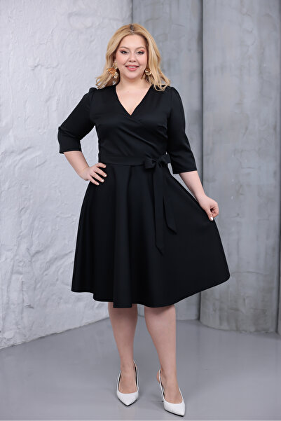 MAG FASHİON Truvakar Sleeve Black Large Size Dress Skirt Flared Double-Breast...