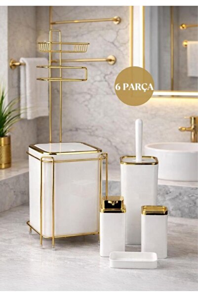 Okyanus Home Beyaz Kare Gold Yedekli Wc Kağıtlık ve 6 Parça Banyo Seti