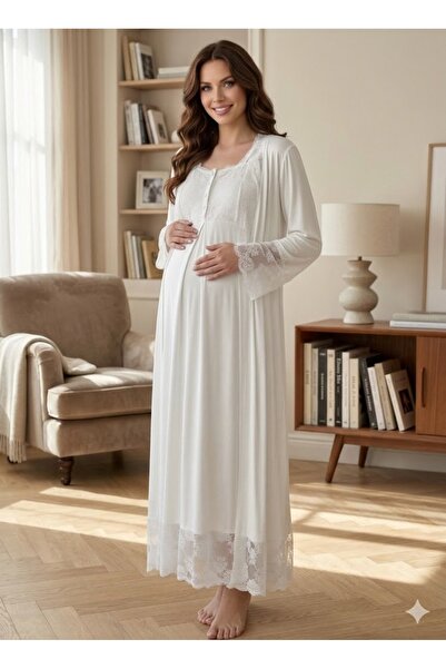 LOHOUSE Kadın Ekru Dantelli 2'Li Lohusa Hamile Gecelik Sabahlık Takım Seti