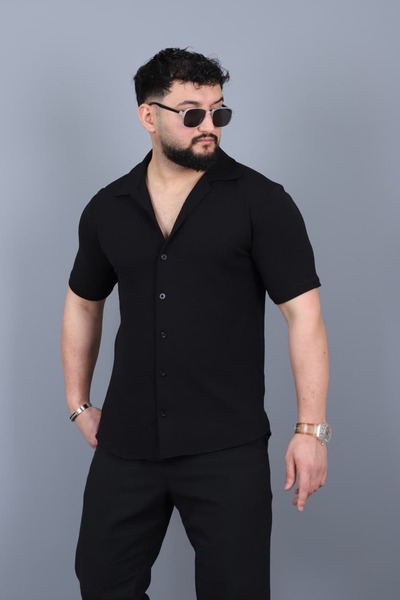 L-KOM Men's Mars Crepe Fabric Short Sleeve Open Collar Summer Shirt