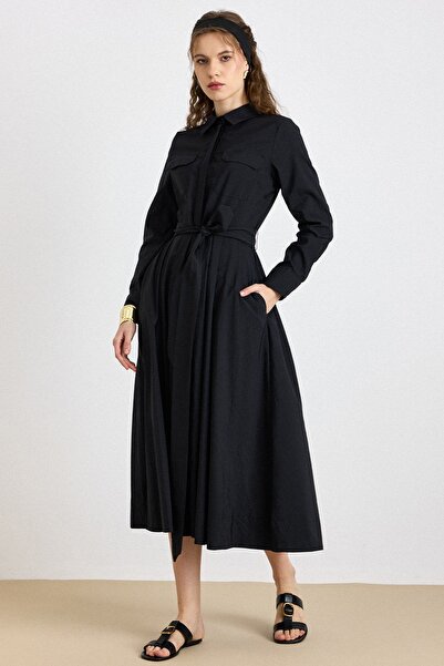 Olcay Button Closure, Pleated Detail, Cotton Piece Dress Black 9417-E