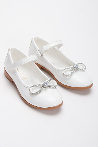 Lideral Beyaz Renk Kız Çocuk Babet Ayakkabı Taşlı Fiyonklu Çocuk Babet Kız Ço...