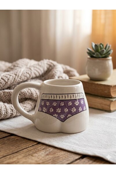 PALTO TASARIM Pati Desen Bikinili Handmade White Glossy Butt Mug - Handcrafte...