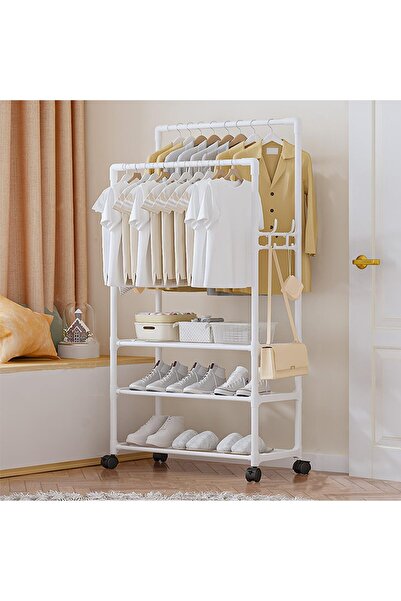 Arabest رف ملابس متحرك محمول، علاقة ملابس مزدوج القضبان مزودة بعجلات وأرفف، أبيض