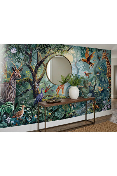 Tasarım Tropikal Orman ve Hayvan Desenli Duvar Kağıdı – Safari Temalı Doğa Po...