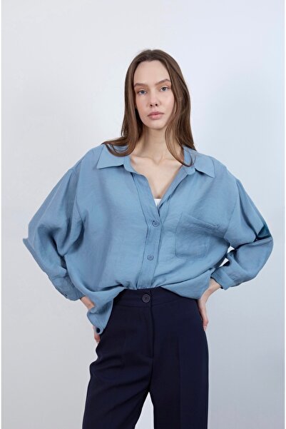 Fast Perry Düşük Omuzlu Oversize Gömlek-Gri Mavi
