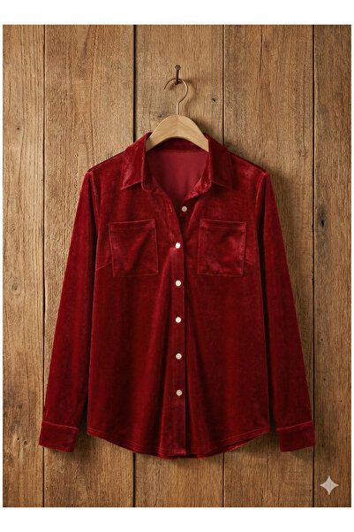 byasafkids Kadın Uzun Kollu Yakalı önden Düğmeli Cep Detaylı Kadife Gömlek