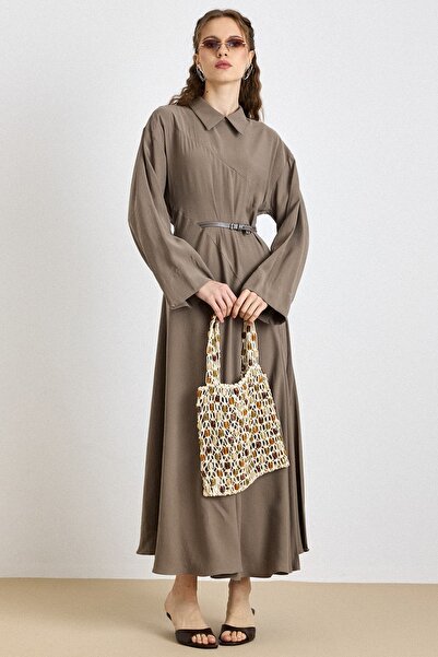 Olcay Premium Fabric Flared Dress with Belt Accessories Vi̇zon 9423-E