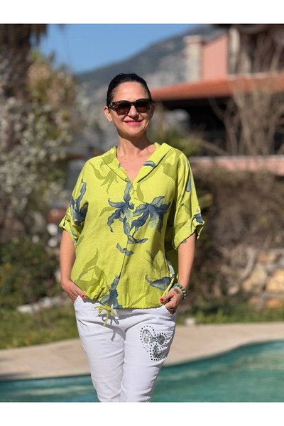 Punta Otantik Yg22580 Italian Belden B Tie-Detail Hooded V Viscose Shirt Pist...