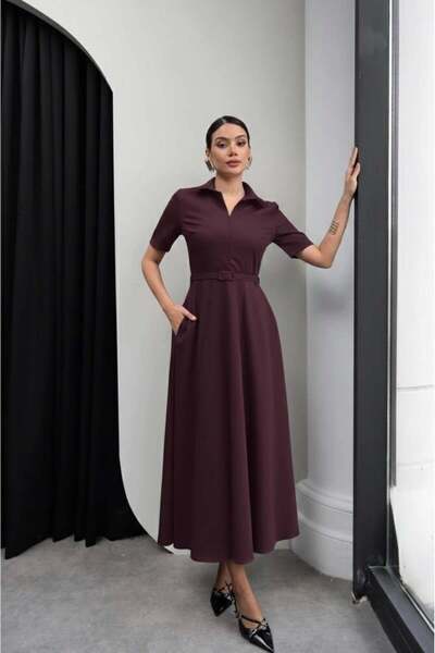 MODA DURAĞI PRİNCESS GÖMLEK YAKA KEMER DETAYLI ELBİSE Mürdüm