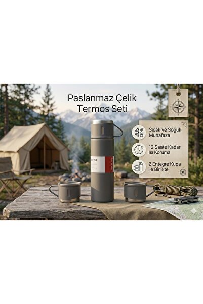 Vacuum Bottle Paslanmaz Çelik Termos 3 Bardaklı 500 ML Kutulu Sızdırmaz Set