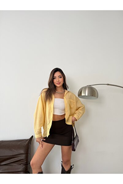 Jbr KADIN OVERSİZE ÇİZGİLİ DOKULU UZUN KOLLU DÜĞMELİ TEK CEPLİ SALAŞ GÖMLEK