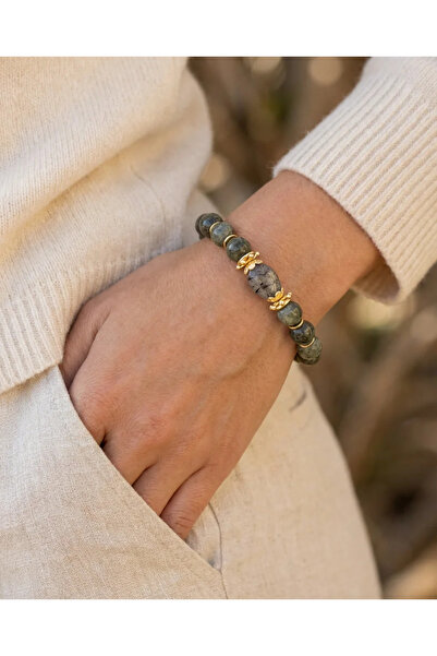 Dorvina Doğal Taş Takı Yeşil Labradorit Taşı Antik Gold Detaylı Bohem Kadın B...